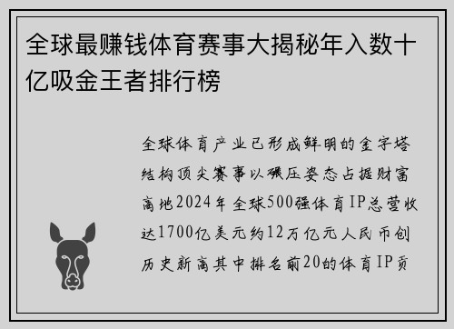 全球最赚钱体育赛事大揭秘年入数十亿吸金王者排行榜